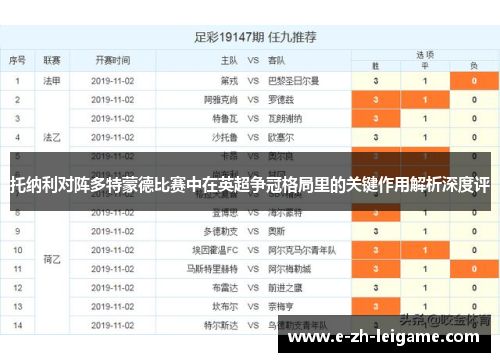 托纳利对阵多特蒙德比赛中在英超争冠格局里的关键作用解析深度评