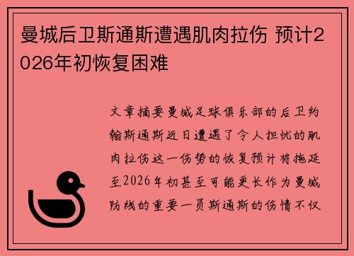 曼城后卫斯通斯遭遇肌肉拉伤 预计2026年初恢复困难 曼城后卫斯通斯遭遇肌肉拉伤 预计2026年初恢复困难
