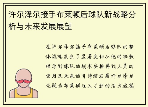 许尔泽尔接手布莱顿后球队新战略分析与未来发展展望